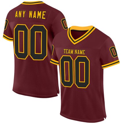 Personalized Burgundy Black Gold Throwback Football Jersey - Custom Mesh Jersey Personalized Burgundy Black-Gold Mesh Throwback