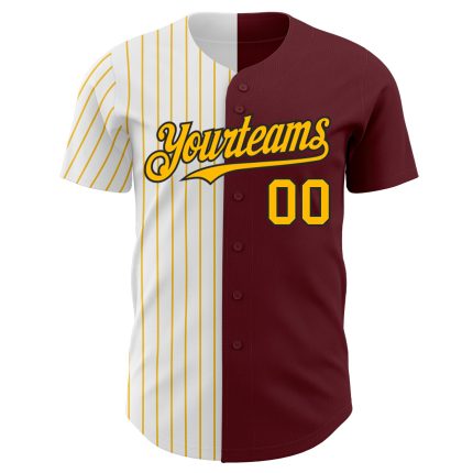Personalized Burgundy Black Gold Pinstripe Fashion Baseball Jersey for Men Personalized Burgundy Black-Gold Pinstripe Split