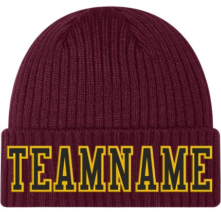 Personalized Burgundy Black Gold Cuffed Knit Hat with Stitched Detail Personalized Burgundy Black-Gold Stitched Cuffed Knit