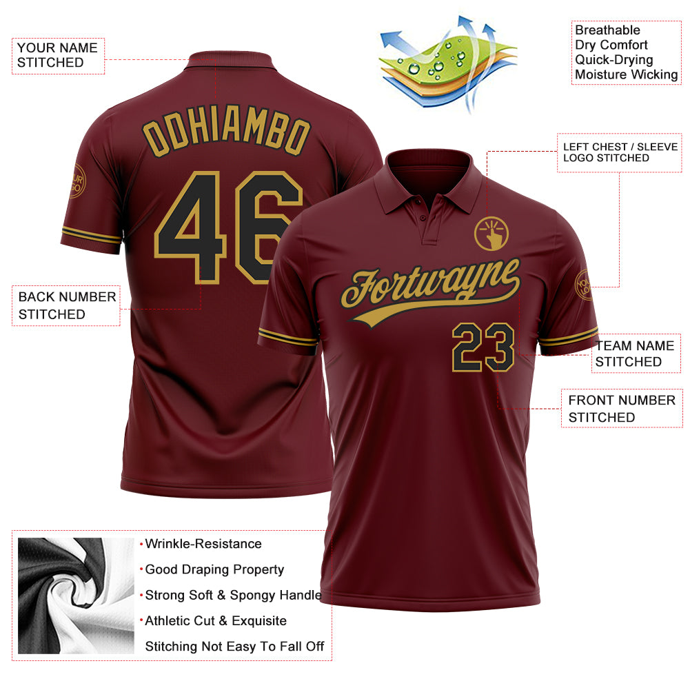 Personalized Burgundy Black-Old Gold Performance Vapor Golf Polo Shirt Team Custom Name and Number Custom Name Number Personalized Burgundy Black Gold Golf Polo Shirt - Performance Vapor Team Apparel Personalized Burgundy - Image 3