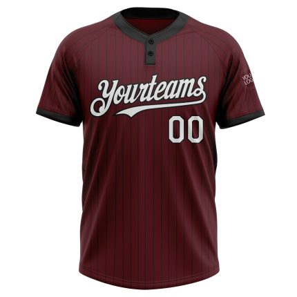 Custom burgundy and black pinstripe softball jersey, back view