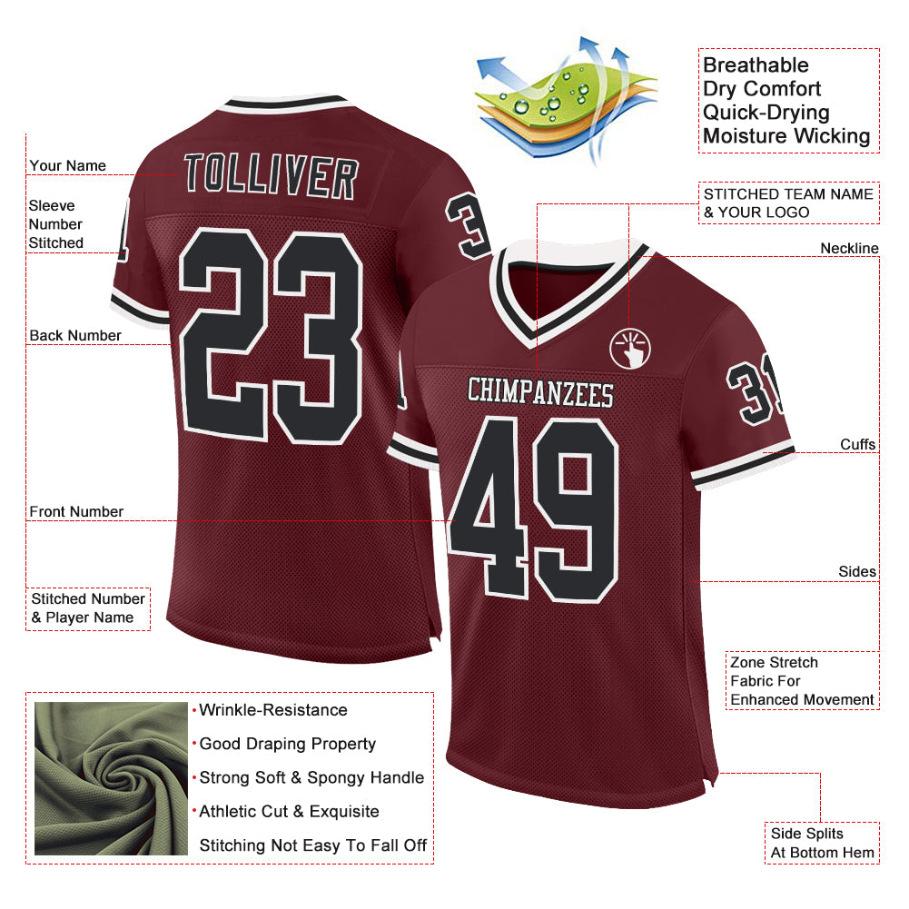 Custom Burgundy Black and White Throwback Football Jersey Personalized Burgundy Black-White Mesh Throwback Football Jersey - Image 2