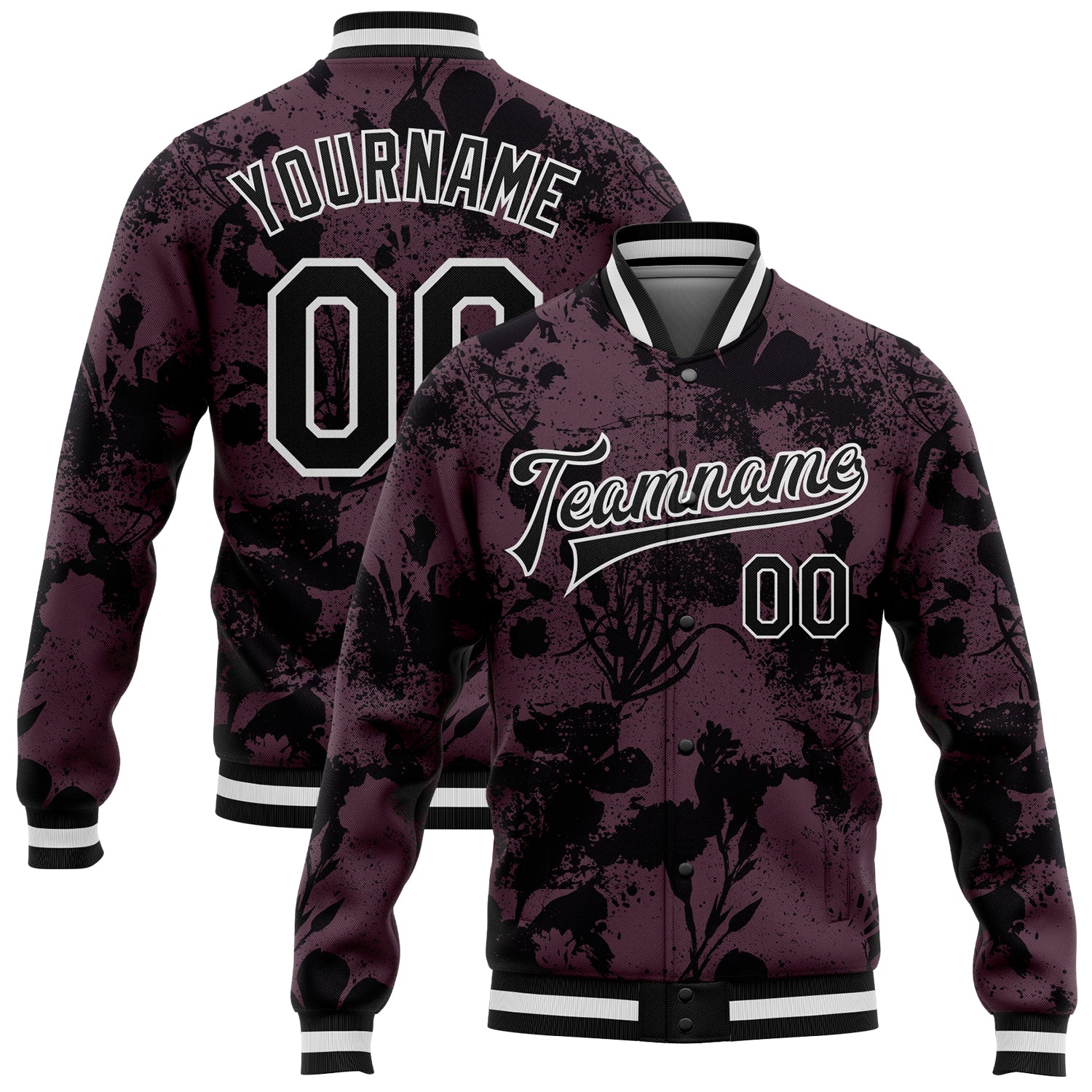 Personalized 3D Bomber Jacket for Plants and Flowers in Burgundy Black-White, Varsity Letterman Style, Full-Snap Closure