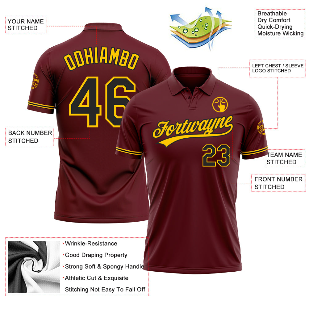 Personalized Burgundy Black-Yellow Performance Vapor Golf Polo Shirt Personalized Performance Golf Polo Shirt in Burgundy Black-Yellow for Men Personalized Burgundy Black-Yellow Performance - Image 3