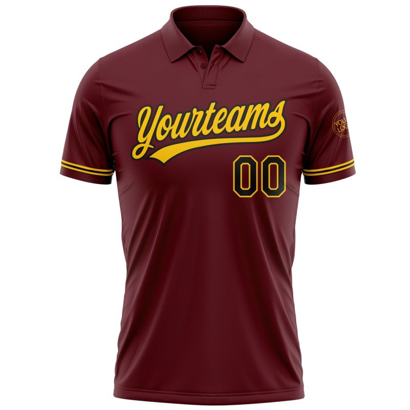 Custom Team Name and Number Personalized Burgundy Black-Yellow Golf Polo Shirt - Performance Vapor Style Personalized Burgundy