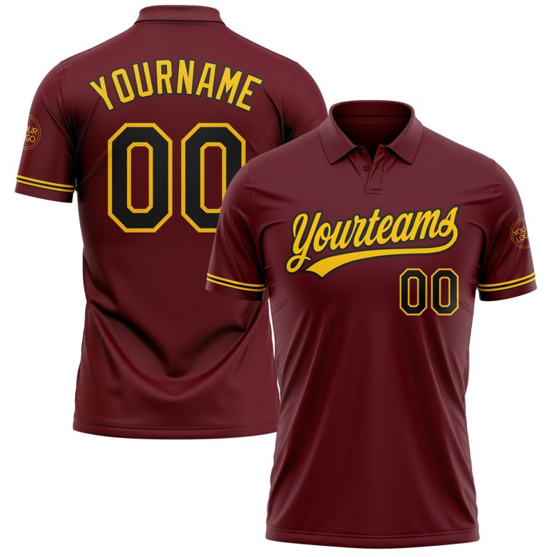 Custom Team Name and Number Personalized Burgundy Black-Yellow Golf Polo Shirt - Performance Vapor Style Personalized Burgundy