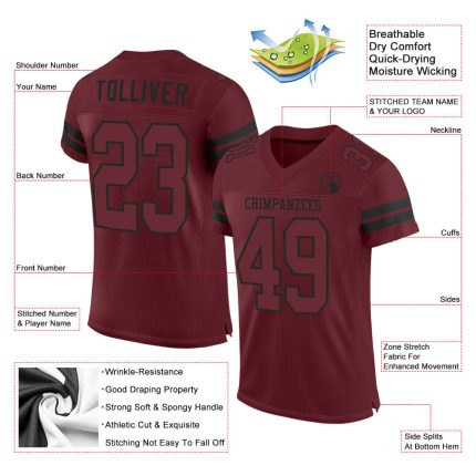 Custom Authentic Football Jersey with Personalized Name and Number, Burgundy-Black Mesh Design Personalized Burgundy Burgundy-Black