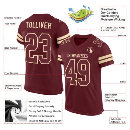 Personalized Burgundy Cream Football Jersey - Custom Mesh Sports Apparel Personalized Burgundy Burgundy-Cream Mesh Football
