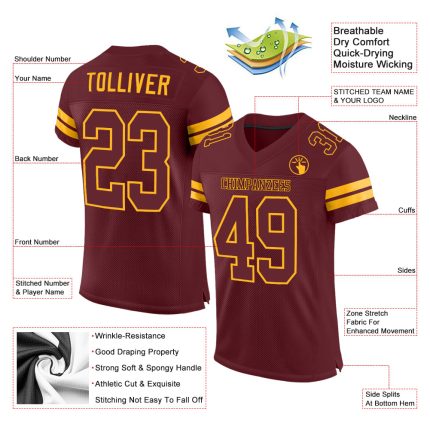Custom Name Number Authentic Football Jersey Burgundy and Gold Mesh - Personalized Team Jersey Personalized Burgundy Burgundy-Gold