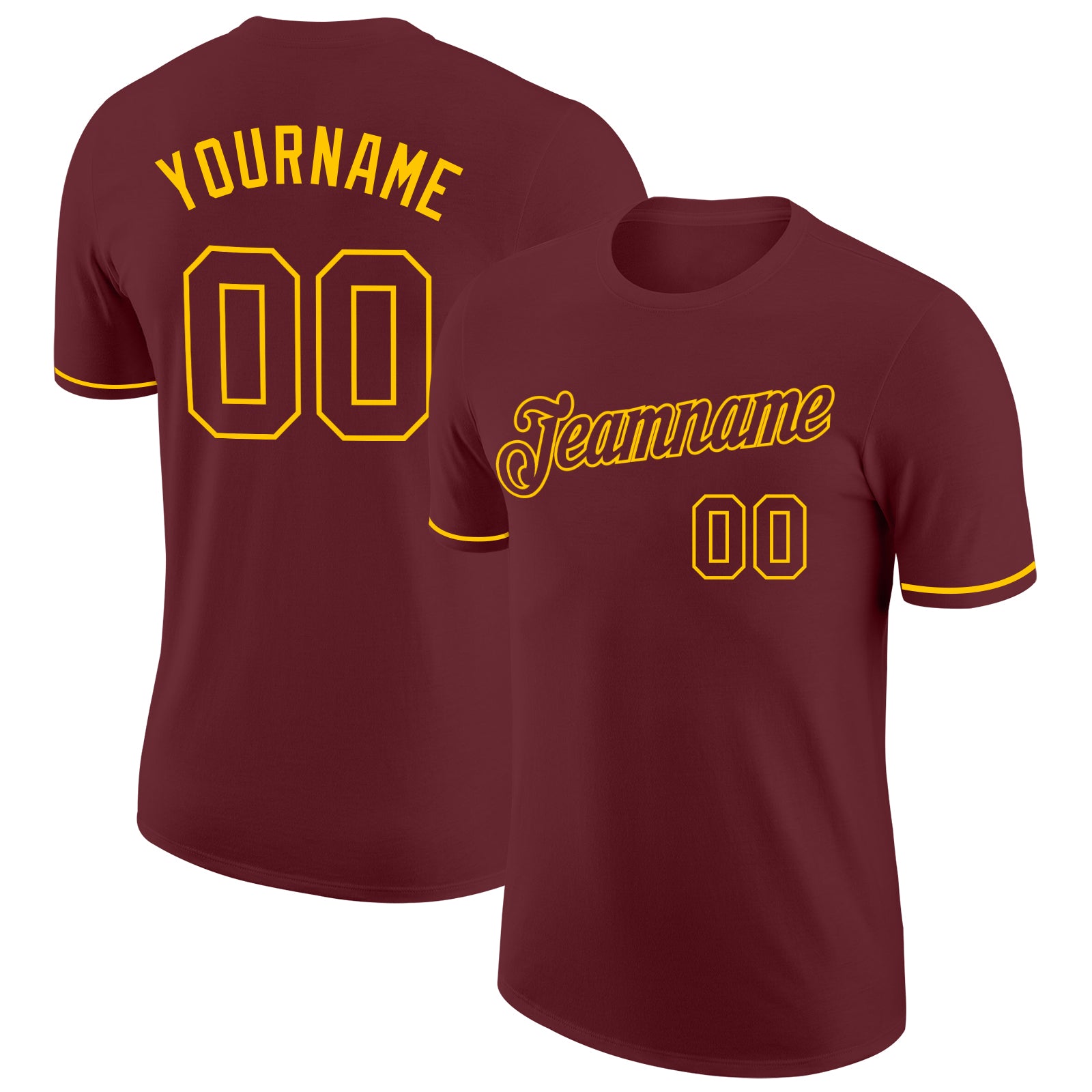 Custom Team Name and Number Burgundy-Gold Performance T-Shirt - Personalized Sports Apparel Personalized Burgundy Burgundy-Gold