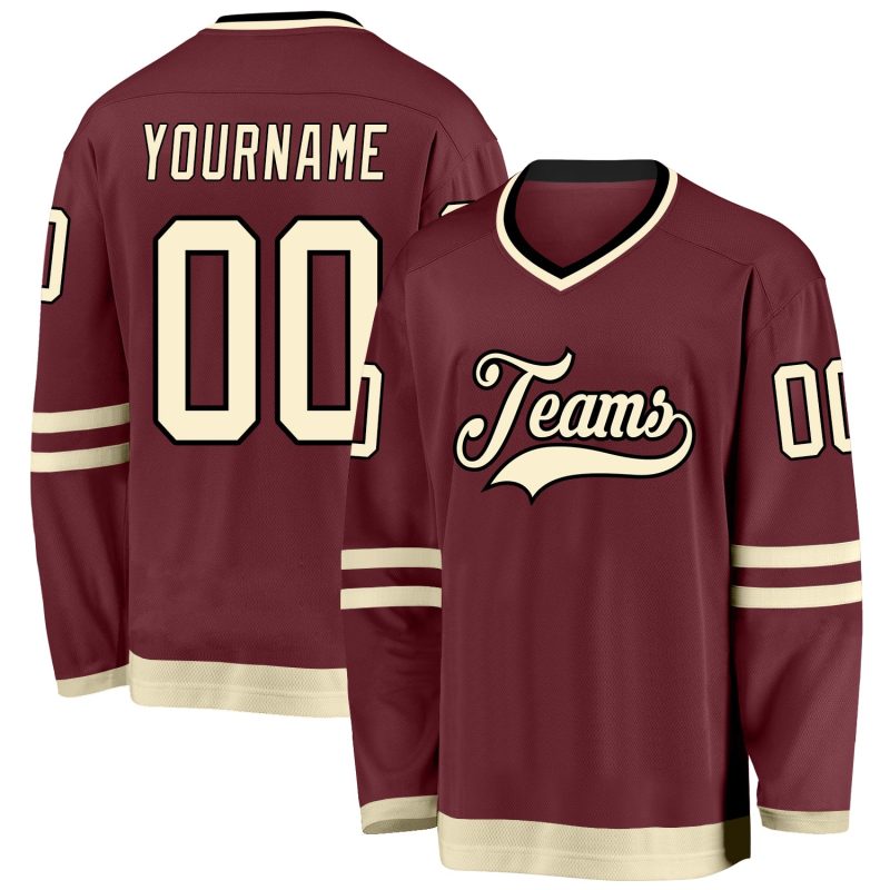 Custom Burgundy and Cream Black Hockey Jersey - Personalized Sports Apparel Personalized Burgundy Cream-Black Hockey Jersey