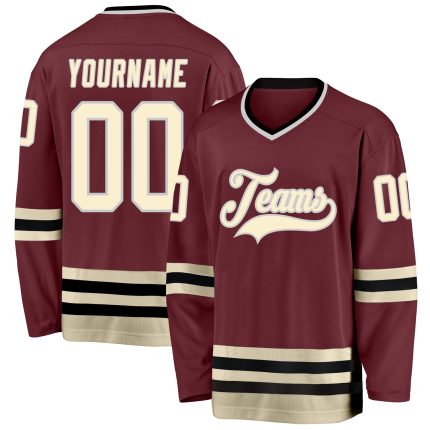 Custom Name Number Hockey Jersey - Personalized Burgundy Cream-Black Team Jersey Personalized Burgundy Cream-Black Hockey