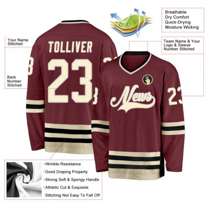 Custom Burgundy and Cream-Black Hockey Jersey - Personalized Sports Apparel Personalized Burgundy Cream-Black Hockey Jersey