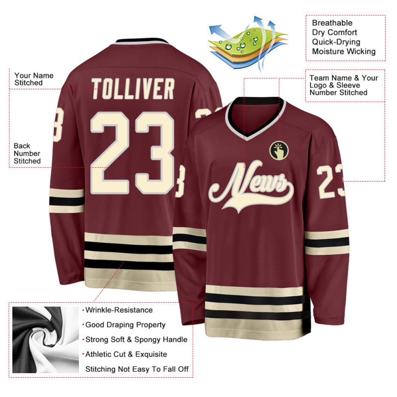 Custom Burgundy and Cream-Black Hockey Jersey - Personalized Sports Apparel Personalized Burgundy Cream-Black Hockey Jersey