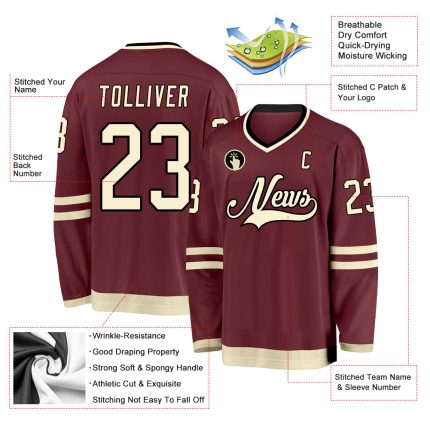 Custom burgundy, cream and black hockey jersey, back view