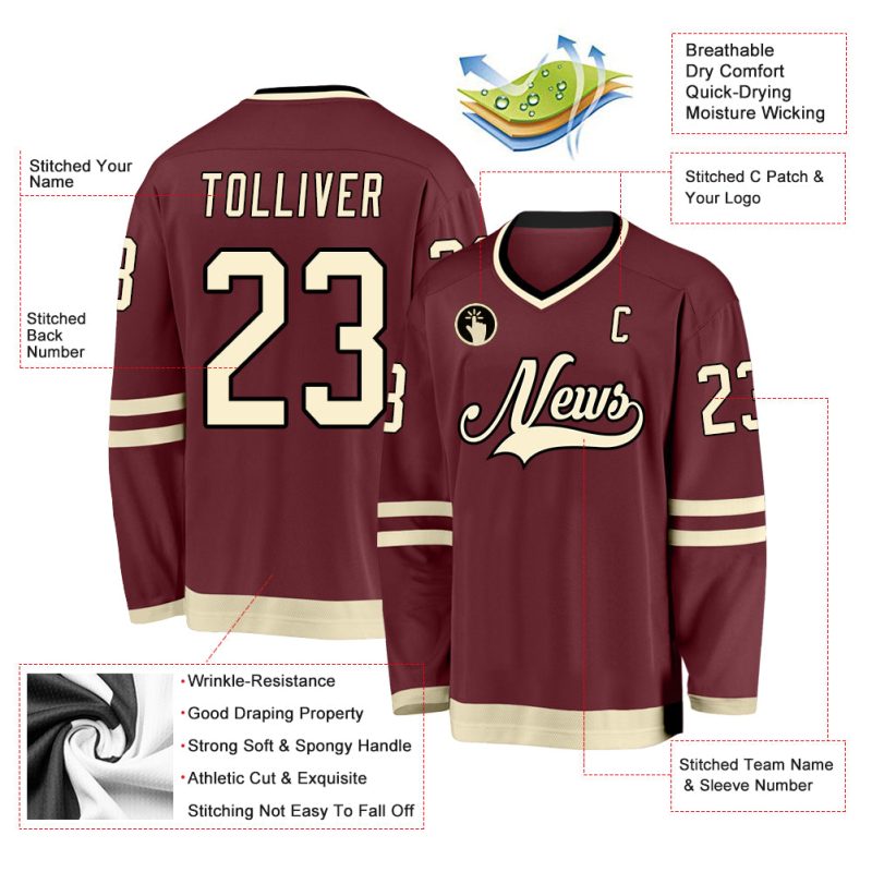 Custom Burgundy and Cream Black Hockey Jersey - Personalized Sports Apparel Personalized Burgundy Cream-Black Hockey Jersey