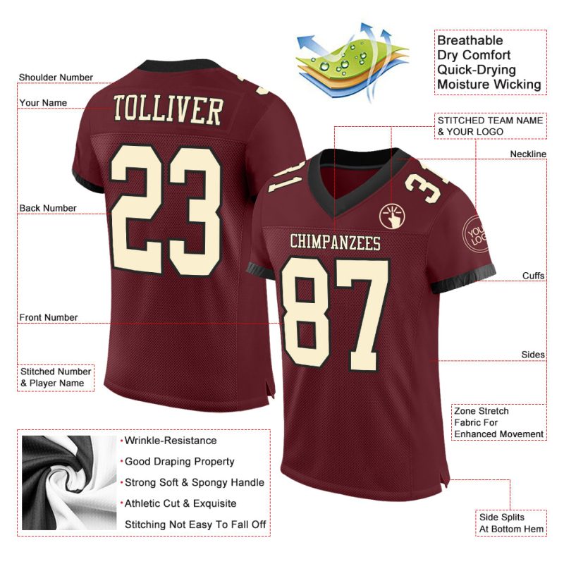 Custom Name & Number Authentic Football Jersey - Personalized Burgundy Cream-Black Mesh Personalized Burgundy Cream-Black