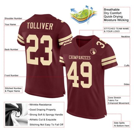 Custom Burgundy Cream Mesh Football Jersey for Men and Women Personalized Burgundy Cream Mesh Football Jersey