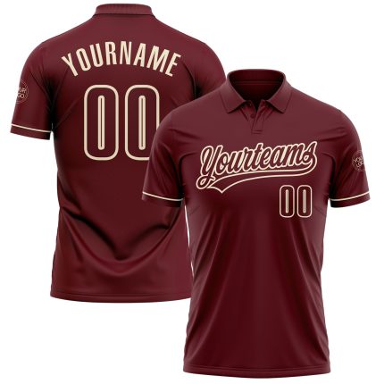 Personalized Burgundy Cream Vapor Performance Golf Polo Shirt - Custom Men's Golf Apparel Personalized Burgundy Cream Performance