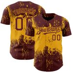 Custom Burgundy Gold Abstract 3D Art Baseball Jersey - Unique Grunge Design, Personalized Sports Apparel Personalized Burgundy