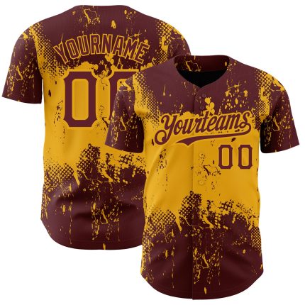Custom Burgundy Gold Abstract 3D Art Baseball Jersey - Unique Grunge Design, Personalized Sports Apparel Personalized Burgundy