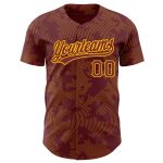 Custom Name Number Baseball Jersey with Burgundy Gold 3D Pattern Design and Curve Lines Personalized Burgundy Gold 3D Pattern