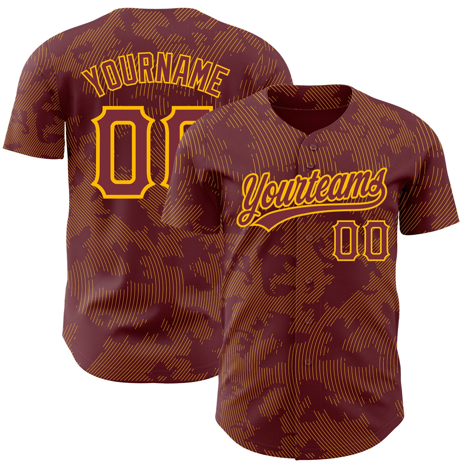 Custom Name Number Baseball Jersey with Burgundy Gold 3D Pattern Design and Curve Lines Personalized Burgundy Gold 3D Pattern
