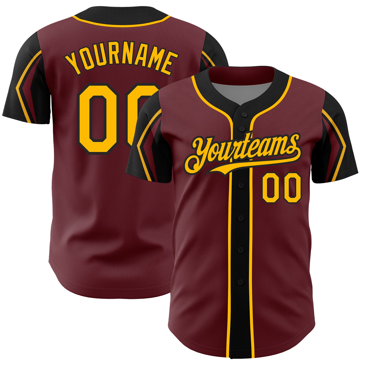 Custom Name and Number Baseball Jersey - Personalized Burgundy Gold-Black Arm Shapes - Authentic Team Apparel Personalized