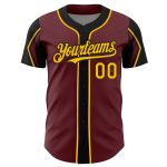 Custom Name and Number Baseball Jersey - Personalized Burgundy Gold-Black Arm Shapes - Authentic Team Apparel Personalized