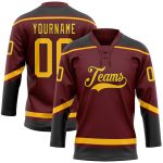 Personalized Burgundy Gold Black Hockey Jersey with Lace Neck Design Personalized Burgundy Gold-Black Hockey Lace Neck Jersey