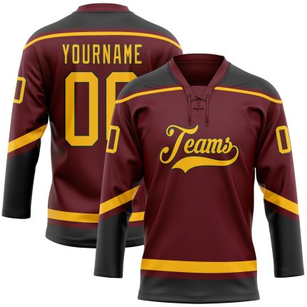 Personalized Burgundy Gold Black Hockey Jersey with Lace Neck Design Personalized Burgundy Gold-Black Hockey Lace Neck Jersey