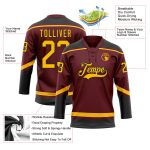 Personalized Burgundy Gold Black Hockey Jersey with Lace Neck Design Personalized Burgundy Gold-Black Hockey Lace Neck Jersey