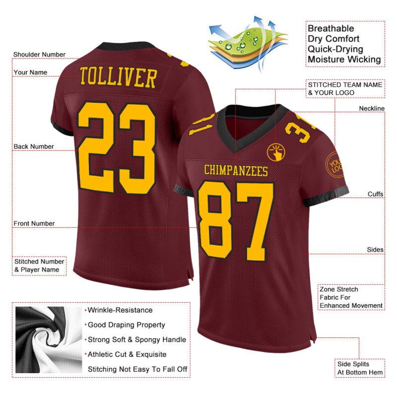 Custom Name Number Burgundy Black Gold Mesh Football Jersey - Authentic Team Jersey Personalized Burgundy Gold-Black Mesh