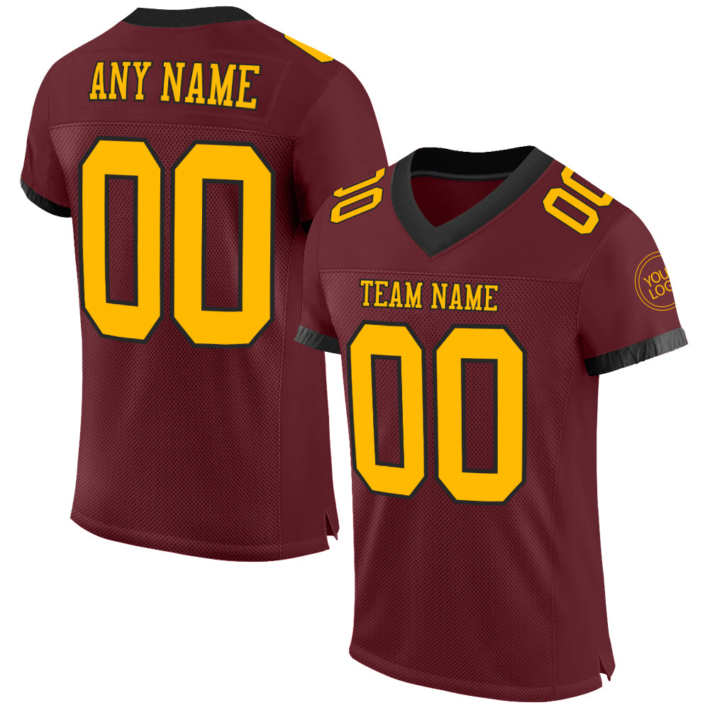 Custom Name Number Burgundy Black Gold Mesh Football Jersey - Authentic Team Jersey Personalized Burgundy Gold-Black Mesh