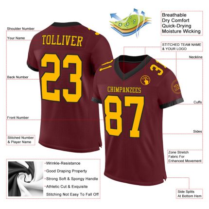Personalized Gold Black Burgundy Football Jersey for Men and Women Personalized Burgundy Gold-Black Mesh Football Jersey