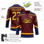 Personalized Burgundy Gold Navy Hockey Jersey with Lace Neck Design Personalized Burgundy Gold-Navy Hockey Lace Neck Jersey