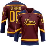 Personalized Burgundy Gold Navy Hockey Jersey with Lace Neck Design Personalized Burgundy Gold-Navy Hockey Lace Neck Jersey