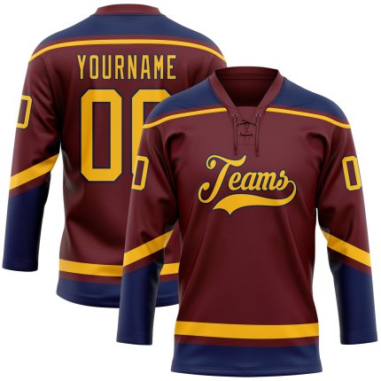 Personalized Burgundy Gold Navy Hockey Jersey with Lace Neck Design Personalized Burgundy Gold-Navy Hockey Lace Neck Jersey