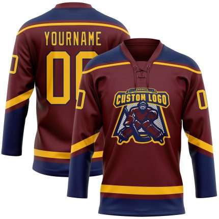 Personalized Burgundy Gold Navy Hockey Jersey with Lace Neck Design Personalized Burgundy Gold-Navy Hockey Lace Neck Jersey