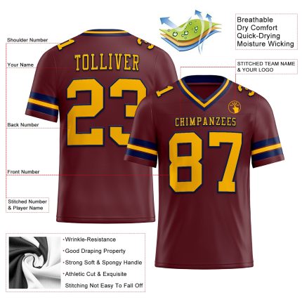 Personalized Burgundy and Gold Navy Football Jersey - Authentic Mesh Design Personalized Burgundy Gold-Navy Mesh Authentic
