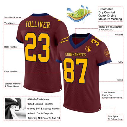 Custom Burgundy Gold-Navy Mesh Football Jersey - Personalized Athletic Wear Personalized Burgundy Gold-Navy Mesh Football
