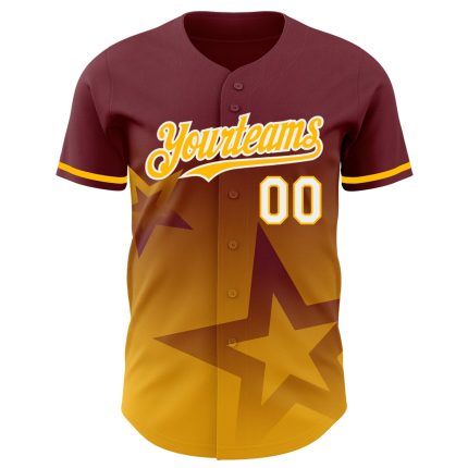 Personalized Twinkle Star Baseball Jersey - Burgundy Gold-White 3D Gradient Style Personalized Burgundy Gold-White 3D Gradient