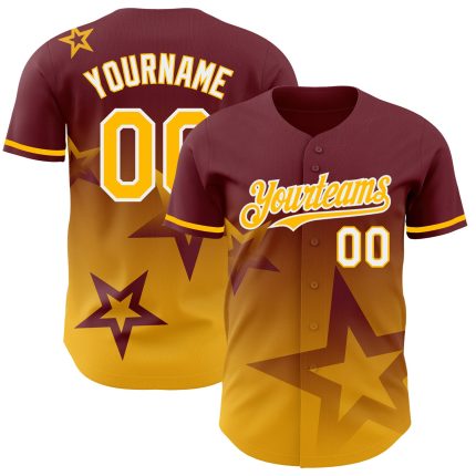 Personalized Twinkle Star Baseball Jersey - Burgundy Gold-White 3D Gradient Style Personalized Burgundy Gold-White 3D Gradient