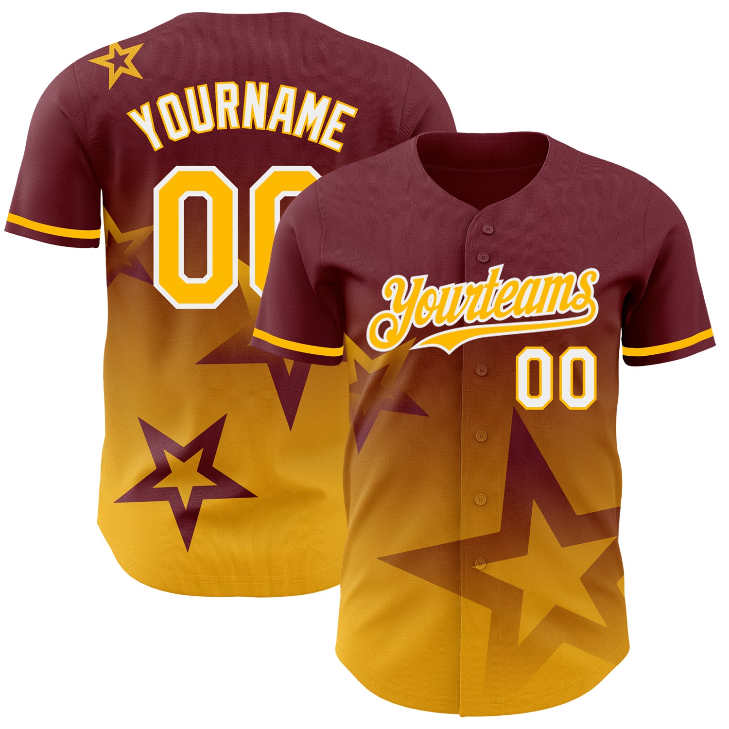 Custom Name Number Baseball Jersey Twinkle Star Gradient Design Burgundy Gold-White 3D Pattern Personalized Burgundy Gold-White