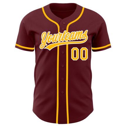 Personalized Gold-White Burgundy Baseball Jersey for Men and Women Personalized Burgundy Gold-White Baseball Jersey