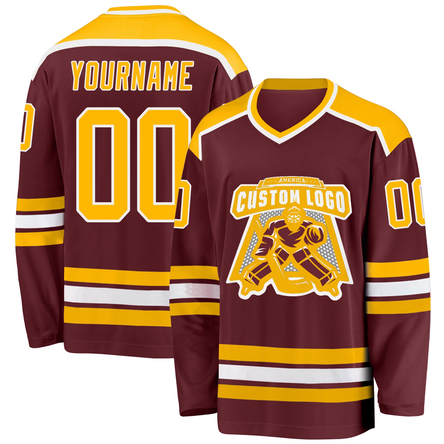 Personalized Burgundy Hockey Jersey with Gold-White Trim - Custom Team Apparel Personalized Burgundy Gold-White Hockey Jersey
