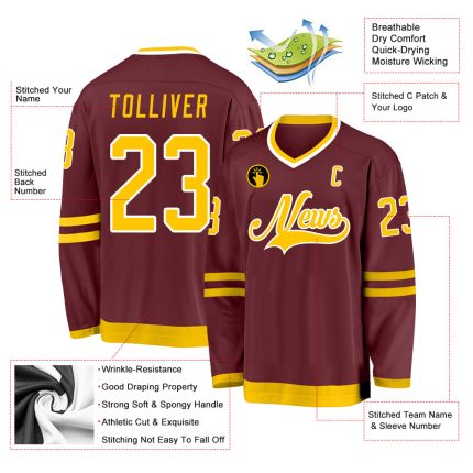 Personalized Hockey Jersey in Burgundy and Gold-White Design for Fans and Players Personalized Burgundy Gold-White Hockey