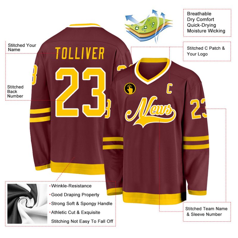 Custom Name Number Hockey Jersey - Burgundy Gold White Personalized Team Jersey Personalized Burgundy Gold-White Hockey Jersey