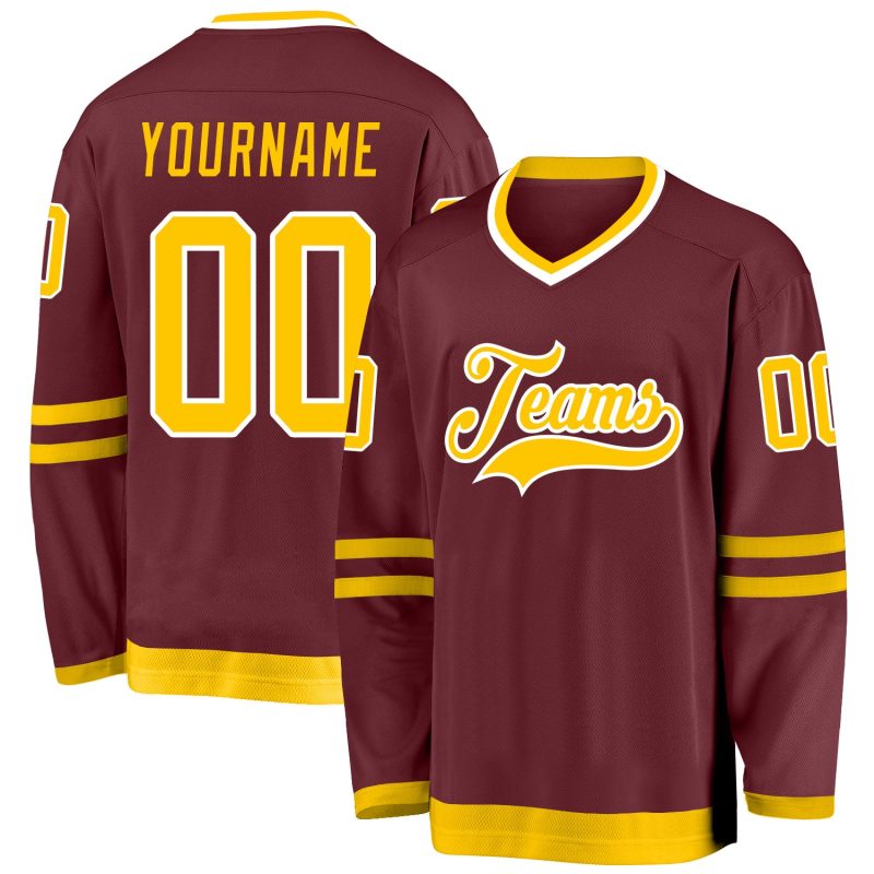 Custom Name Number Hockey Jersey - Burgundy Gold White Personalized Team Jersey Personalized Burgundy Gold-White Hockey Jersey