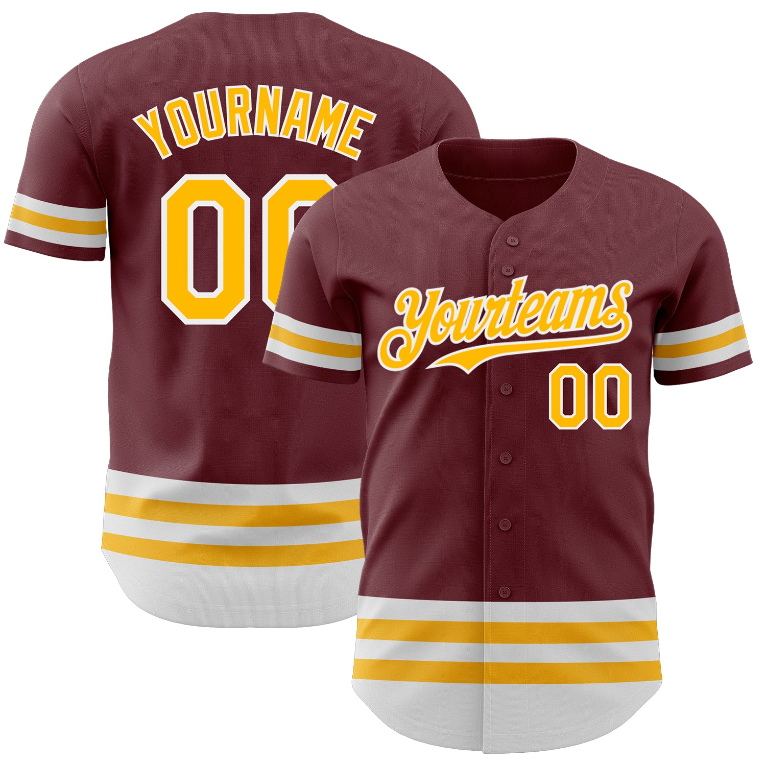 Custom Name and Number Burgundy and Gold Authentic Baseball Jersey - Personalized Team Apparel Personalized Burgundy Gold-White